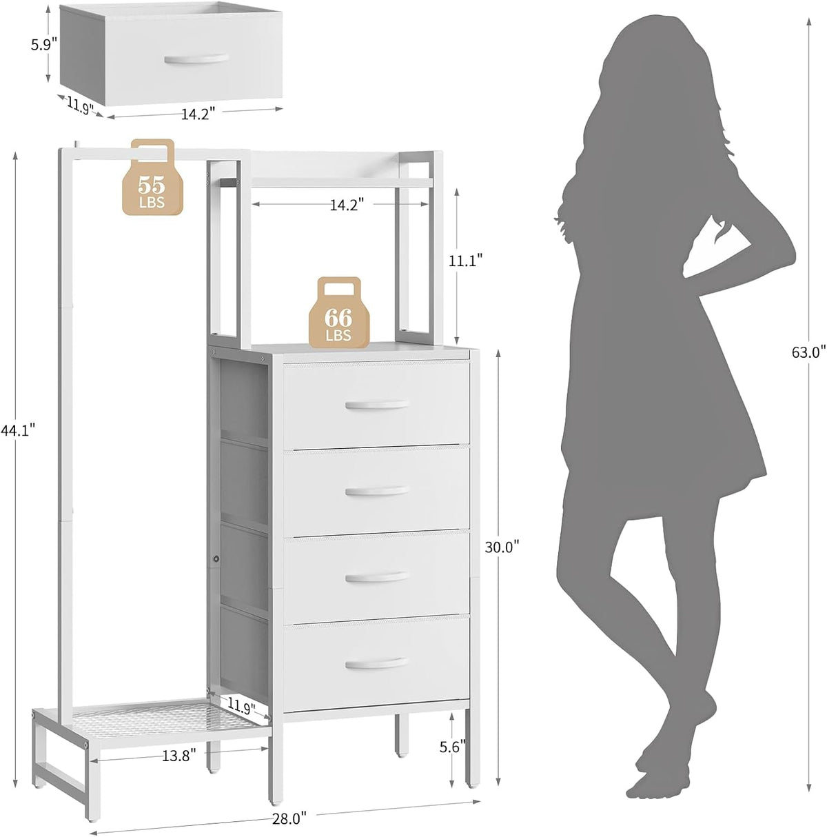 Yoobure White Dresser with Hanging Rack - Small Dresser for Bedroom with 4 Drawers, 44'H Chest of Drawers, Reversible Kids Dressers with Storage Shelf, Closet Dressers, Dorm Essentials, Sturdy Frame