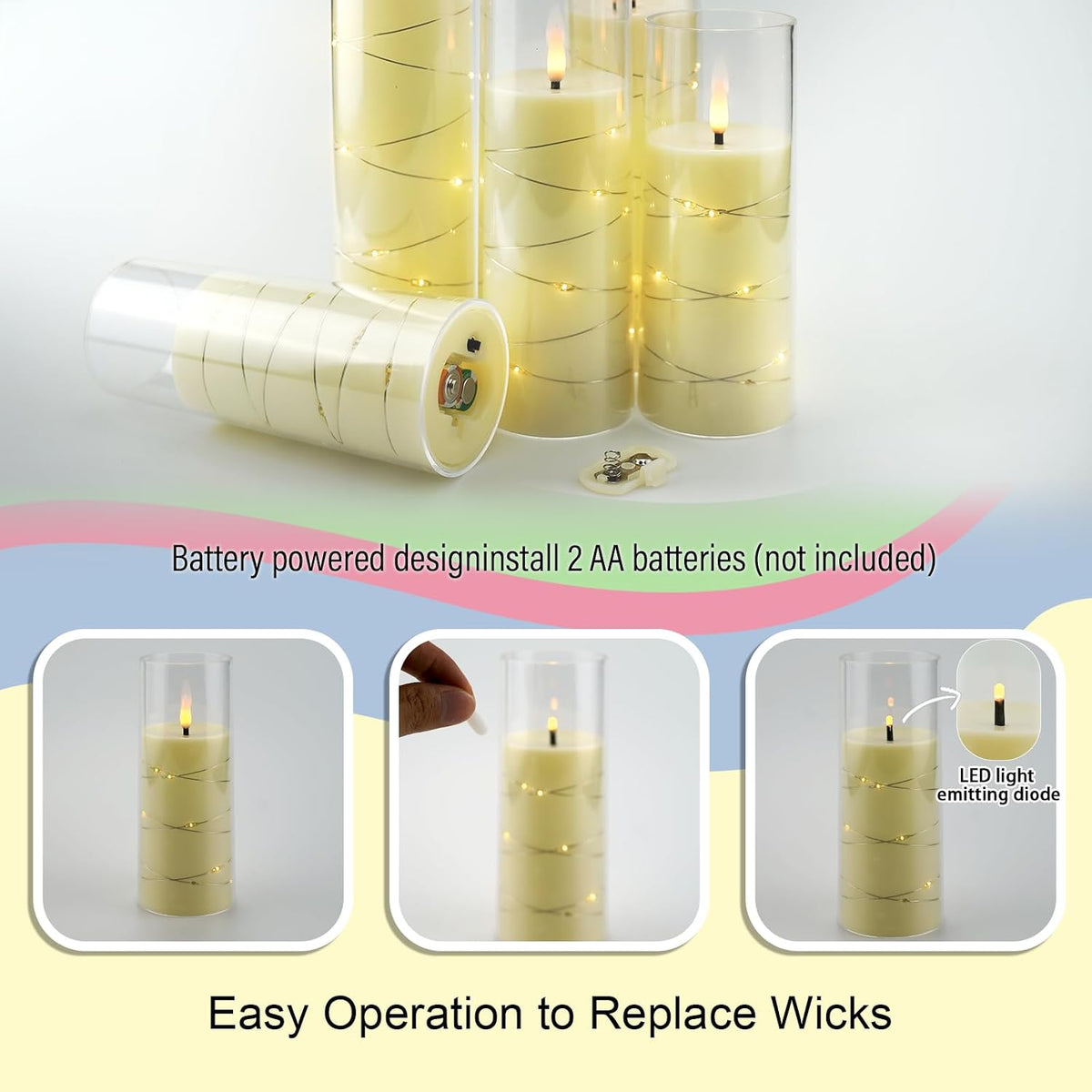 kakoya Flameless LED Candles with Timer 5 Pc Flickering Flameless Candles for Romantic Ambiance and Home Decoration Stable Acrylic Shell,with Embedded Star String，Battery Operated Candles（Ivory）