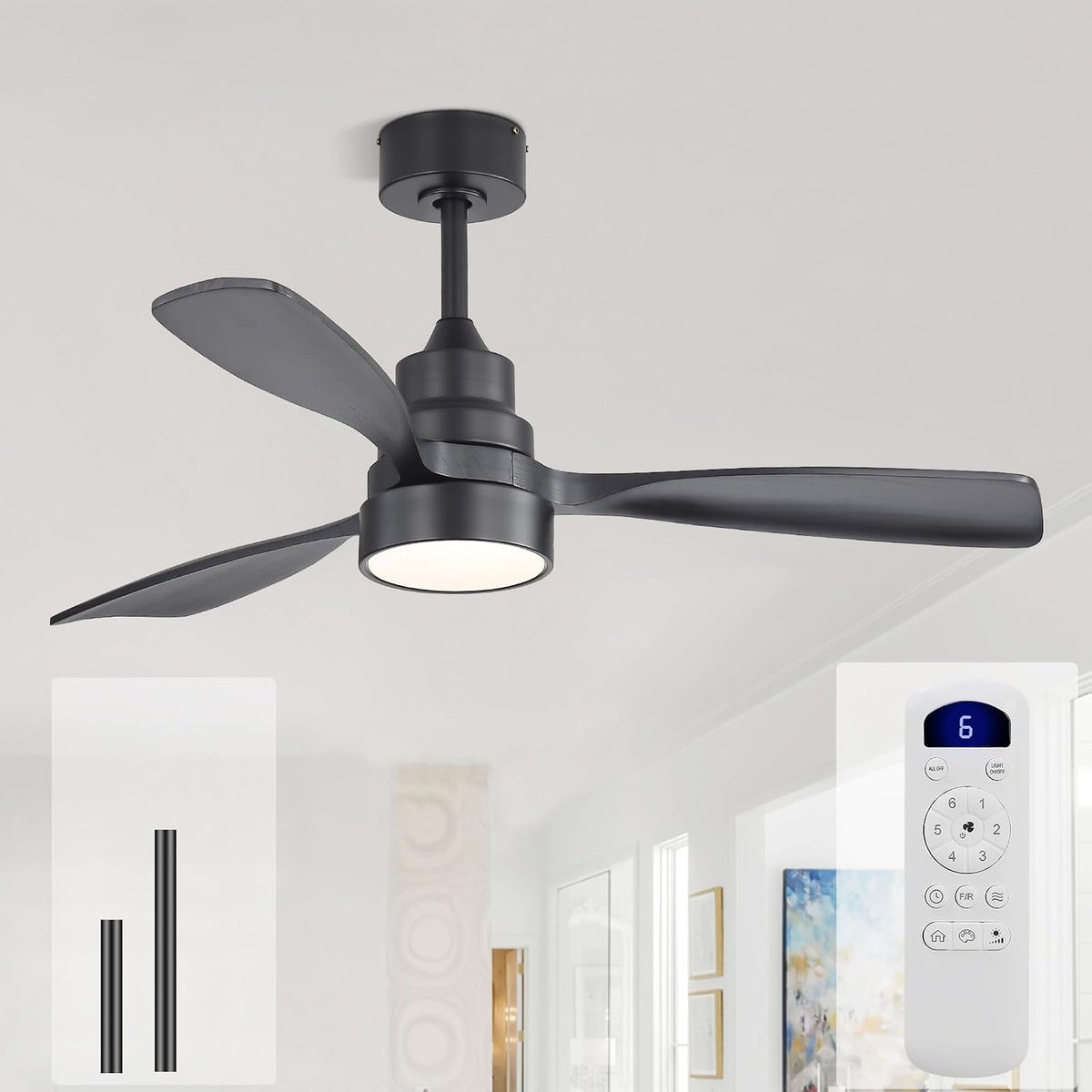 Sofucor 48 Inch Wood Ceiling Fans with Lights, Flush/Downrod Mount, Black