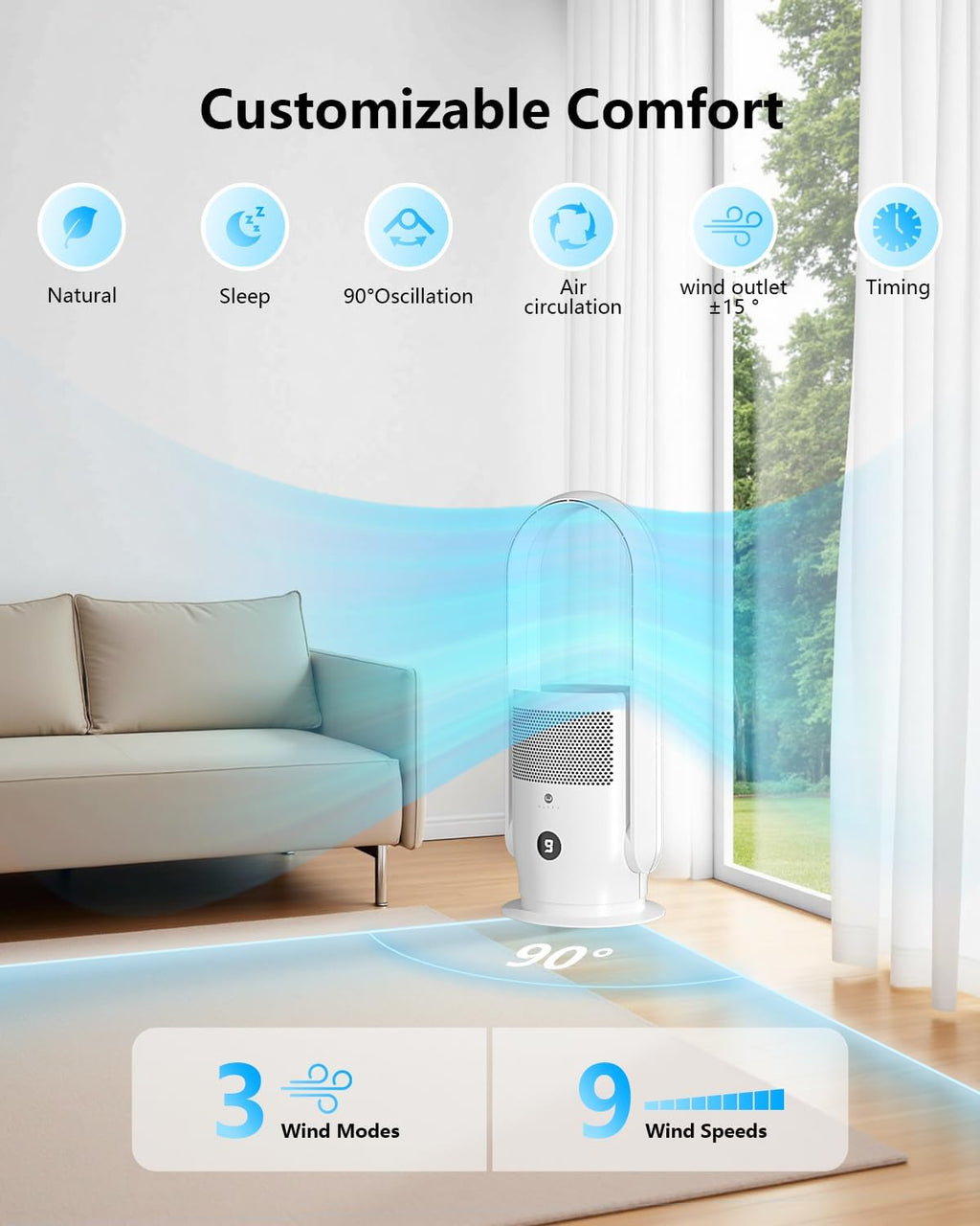 ULTTY Bladeless Tower Fan and Air Purifier Combo, Quiet Oscillating Fan with Remote & Touch Control, 9 Speeds, 8H Timer, HEPA Air Filter, Safe Floor Fan for Bedroom Home Office White, 23.5"inch