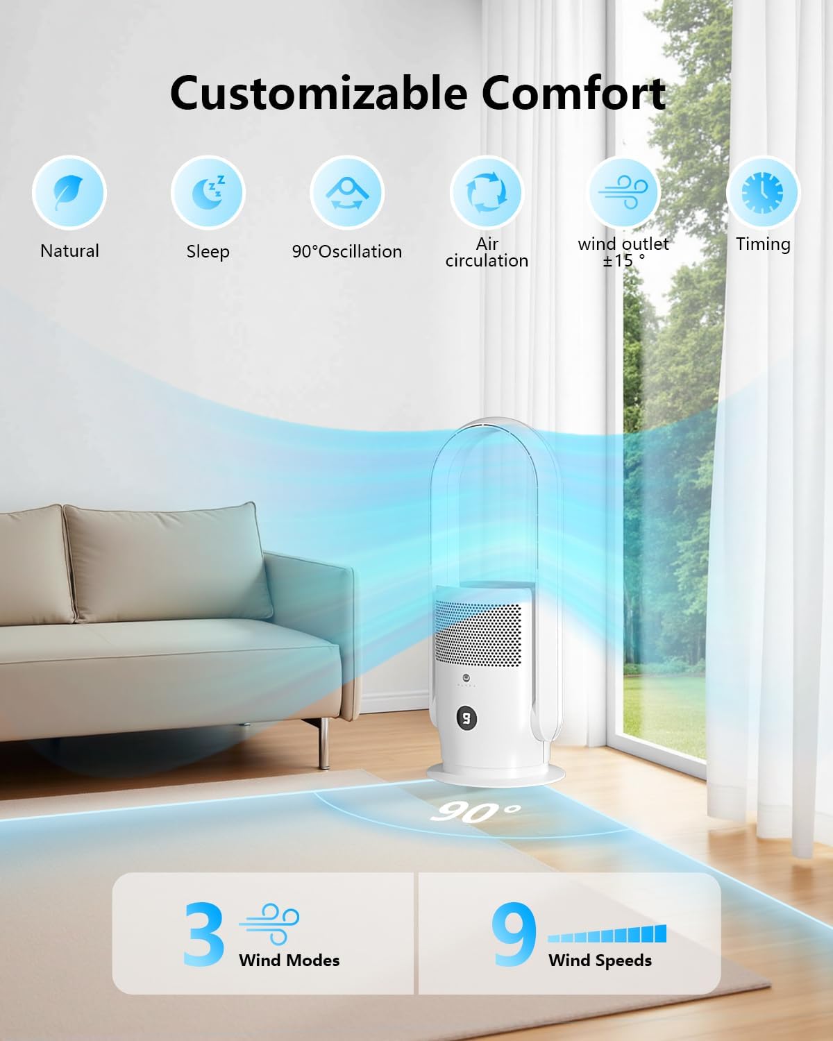 ULTTY Bladeless Tower Fan and Air Purifier Combo, Quiet Oscillating Fan with Remote & Touch Control, 9 Speeds, 8H Timer, HEPA Air Filter, Safe Floor Fan for Bedroom Home Office White, 23.5"inch
