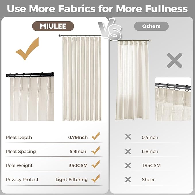 MIULEE Pinch Pleated Thick Linen Curtains 102 Inches Long 2 Panels - Image 6