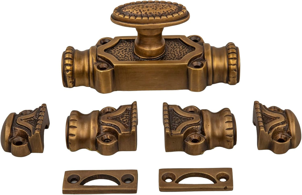 Antique Brass Cremone Bolt Set - Solid Brass Cabinet Hardware with 2' Rods & Handle, Perfect for Cabinets & Restoration Projects, Easy One-Side Operation for Timeless Charm