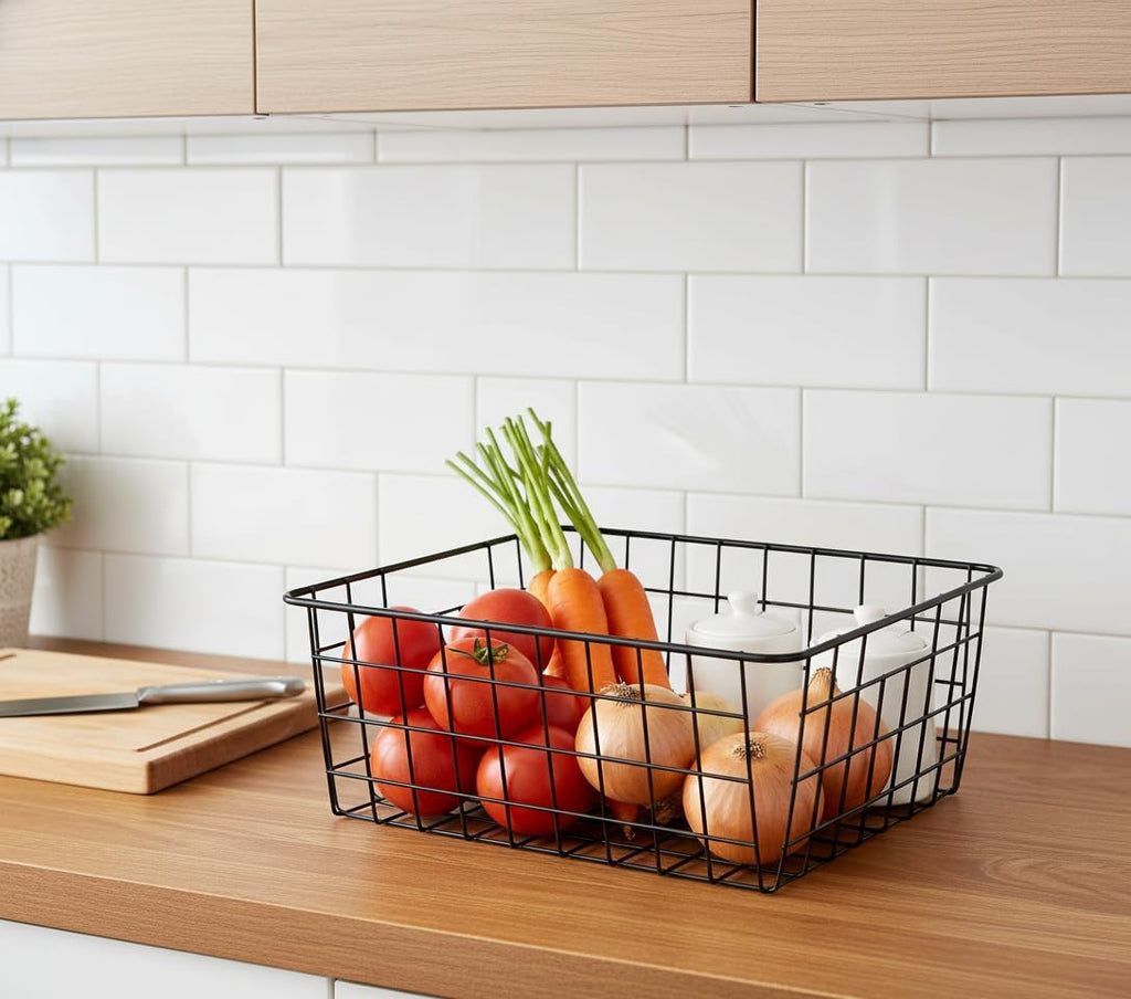 LeleCAT Wire Baskets with Handles, Wire Storage Organizer Baskets, Household Refrigerator for Cabinets, Pantry, Closets, Bedrooms - Set of 4（Black)