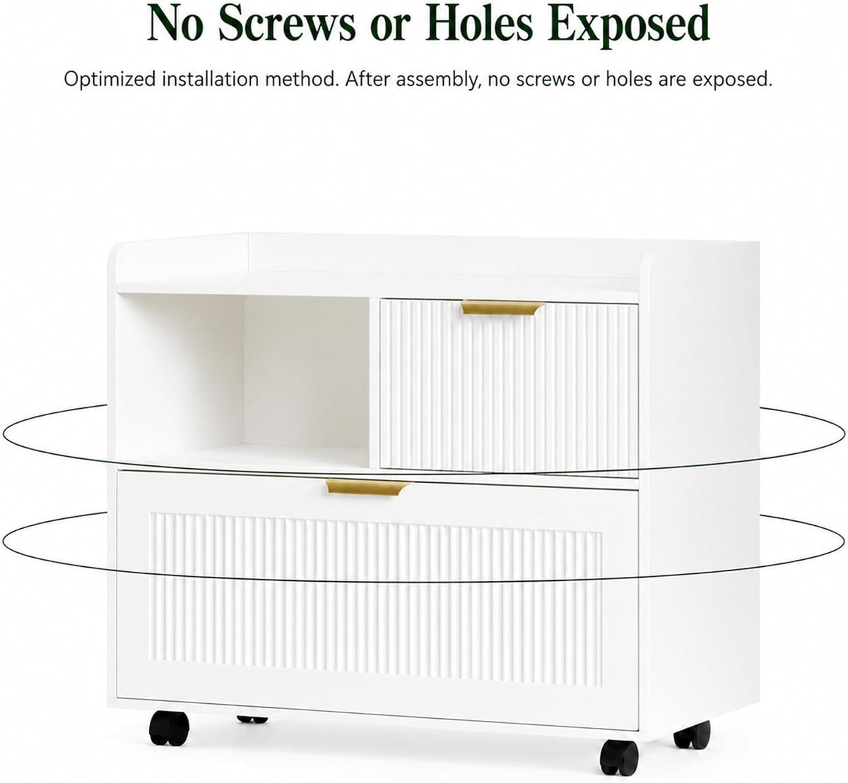 Lateral File Cabinet with Fluted Drawers, White Wooden Office Cabinet with Storage, Rolling Printer Stand with Drawers, Mobile File Cabinet for Home Office, Fits A4/Letter/Legal Files