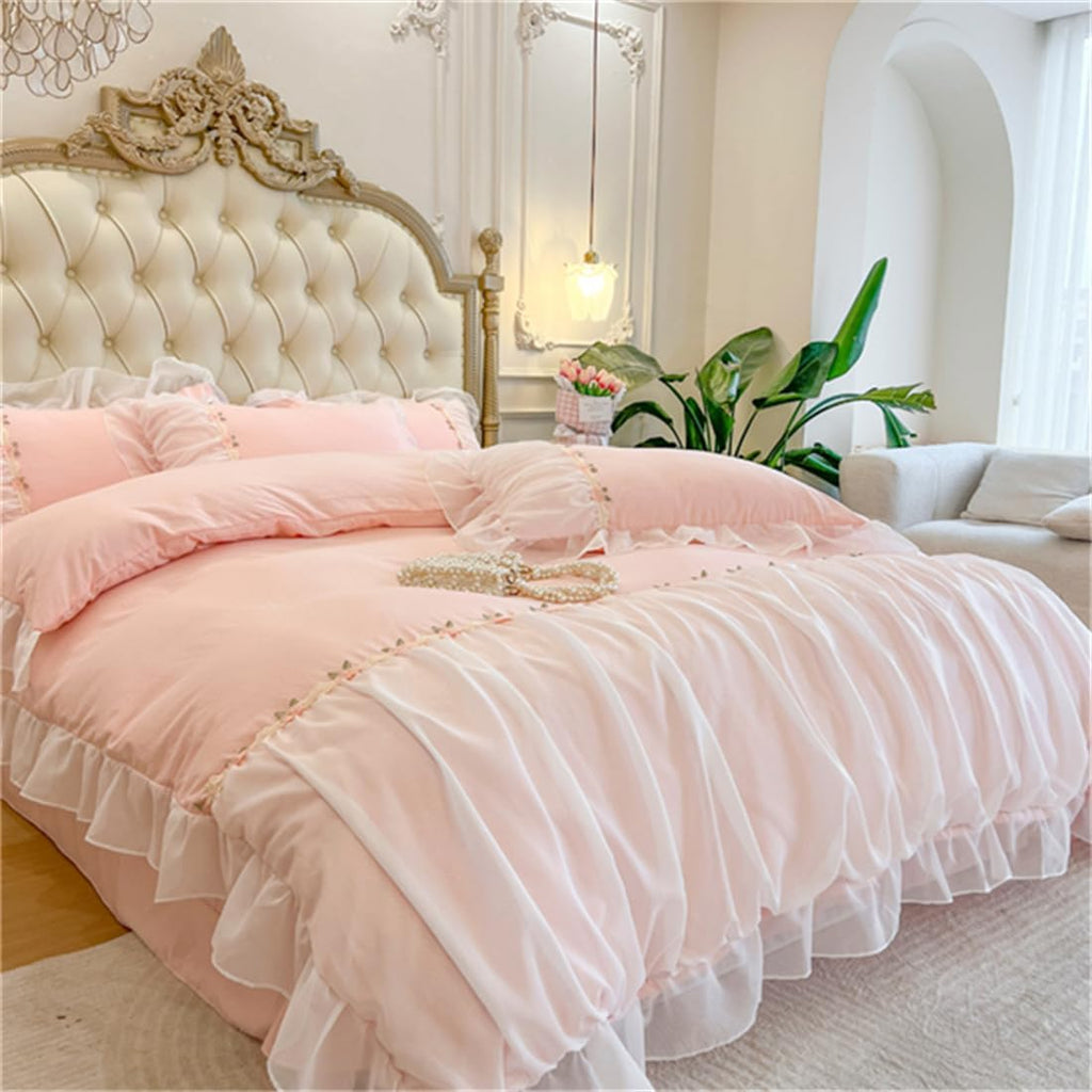 MOOWOO Pink Bedding-Romantic Ruffle Lace Bedding Set 2 Piece Comforter Twin Duvet Cover with Zipper Closure,Aesthetic Room Decor for Girls-Pink,Twin Size