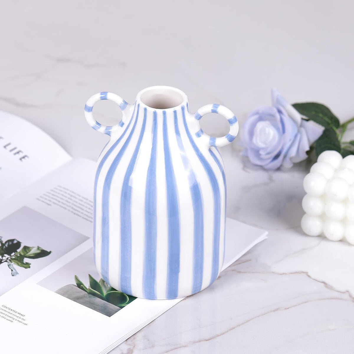 Ceramic Blue and White Striped Vase with Handle, Modern Minimalist Coastal Decor Home for Centerpieces for Tables, Kitchen Office, Bookshelf, Bedroom Aesthetic Decor (A)
