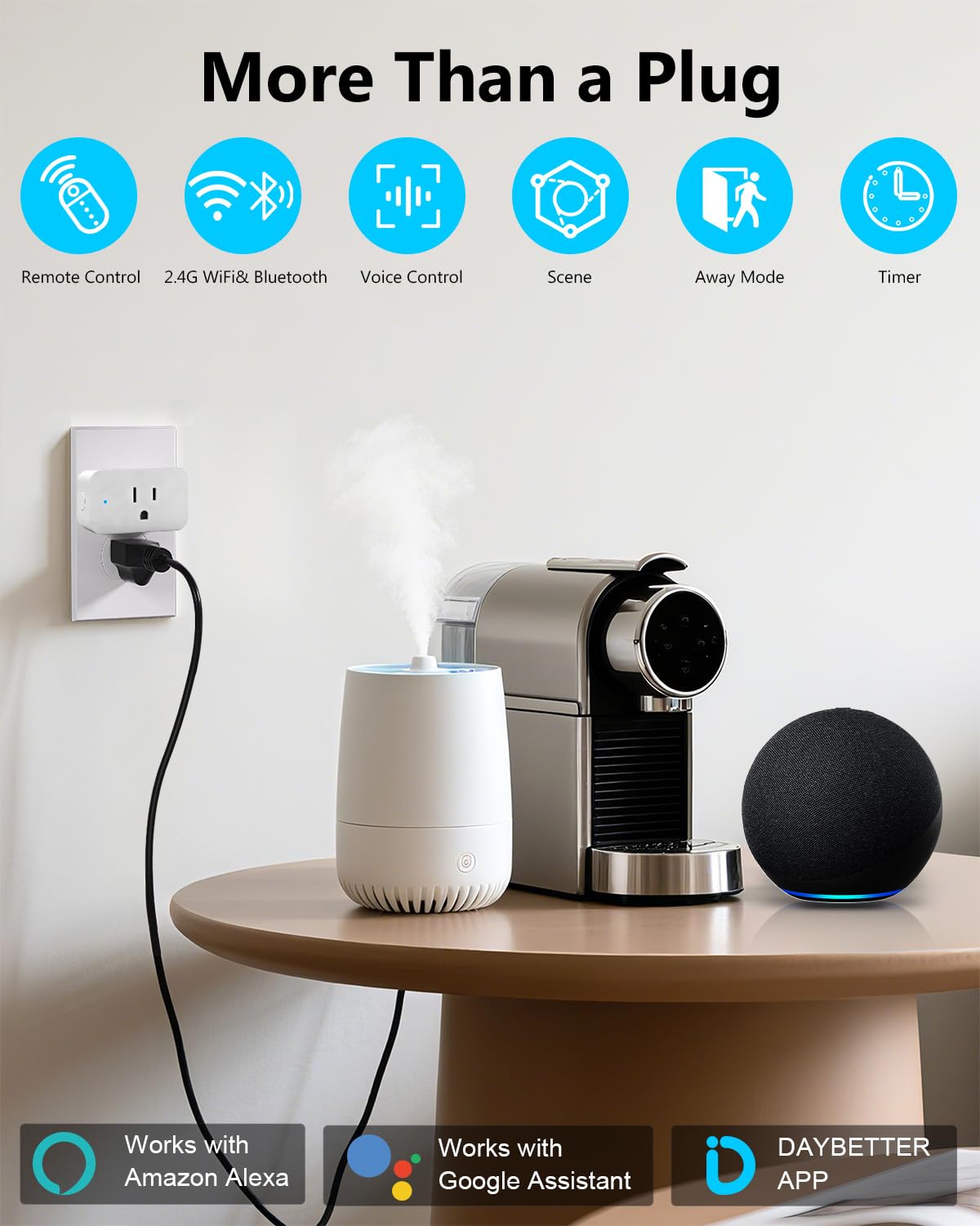 DAYBETTER Smart Plug Max 15A/1800W, Compatible with Alexa and Google Home, No Hub Required, Bluetooth & 2.4GHz WiFi Setup, Smart Outlet with APP Control, Timer & Schedule, 4Pack