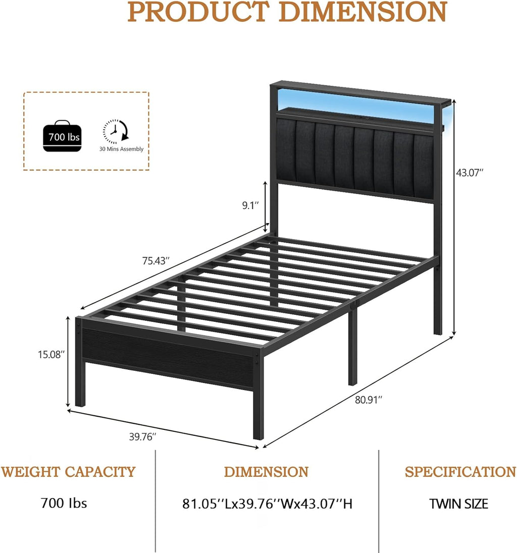 Furnulem Twin Size Bed Frame with Charging Station and LED Lights