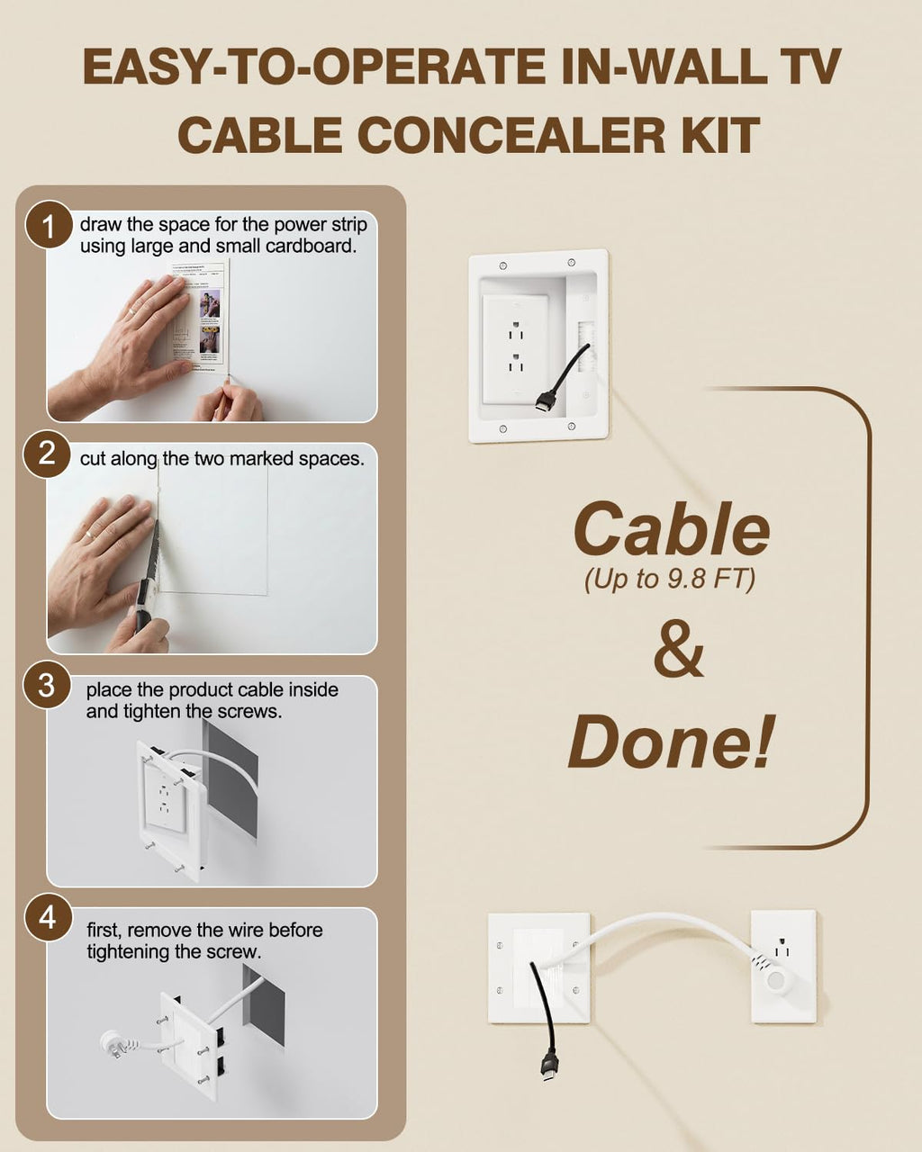in-Wall TV Cable Management Kit, 9.8FT Recessed Dual AC Outlet Box w/Brush