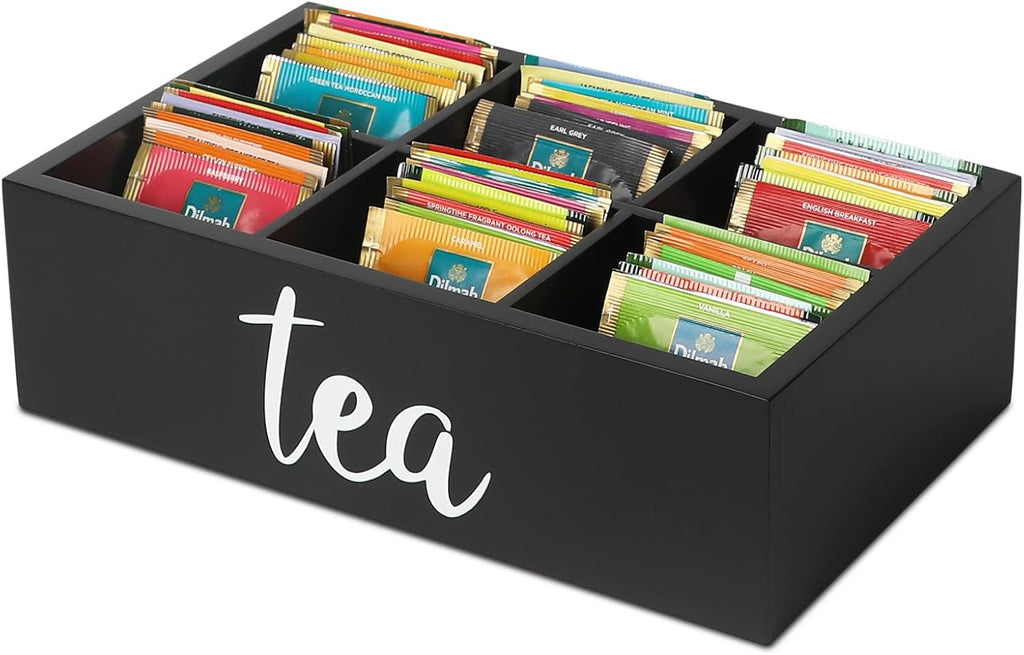 LBEMEY Tea Bag Organizer, Wood Tea Storage Containers with 6 Compartments, Sugar Packet Holder,Tea Bag Caddy Box for Cabinet Countertop Office (Brown- Labeled "TEA")