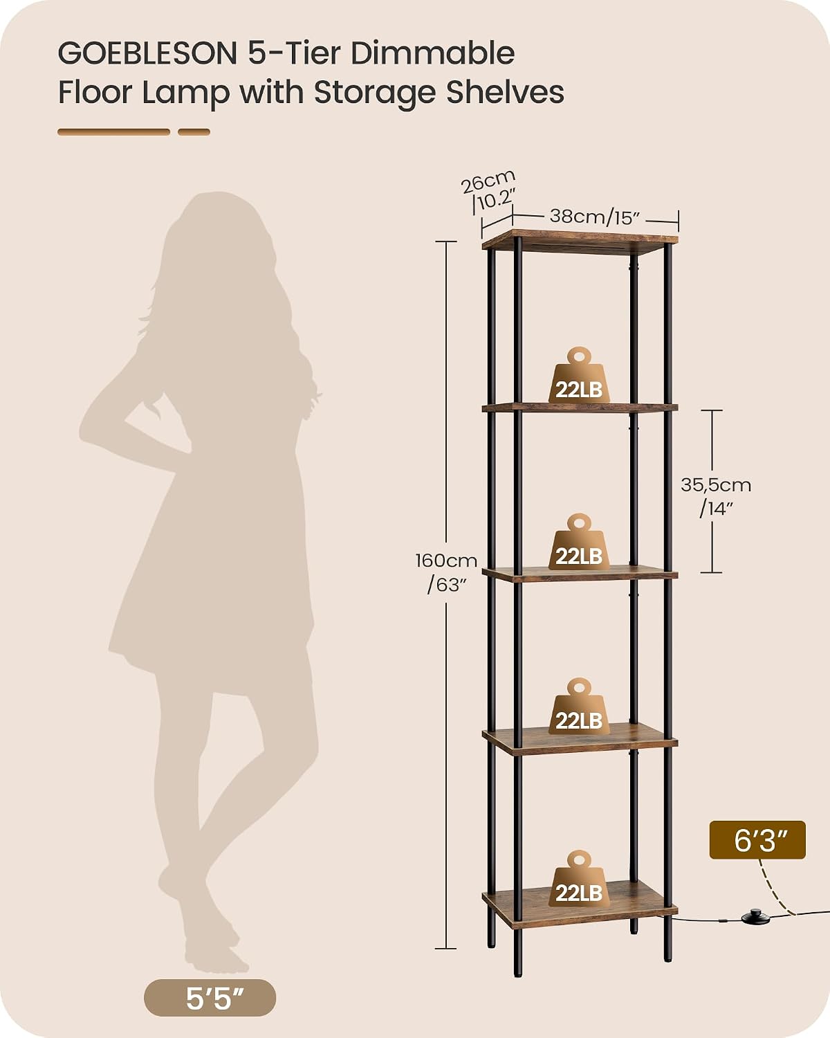 Display Shelf with Light, 5-Tier Modern Shelf Lamp, Corner Floor Lamp with Shelves, Dimmable LED Floor Lamp for Living Room with Remote, 3CCT, Timer, Wooden Corner Shelf Lamp, F52LD05