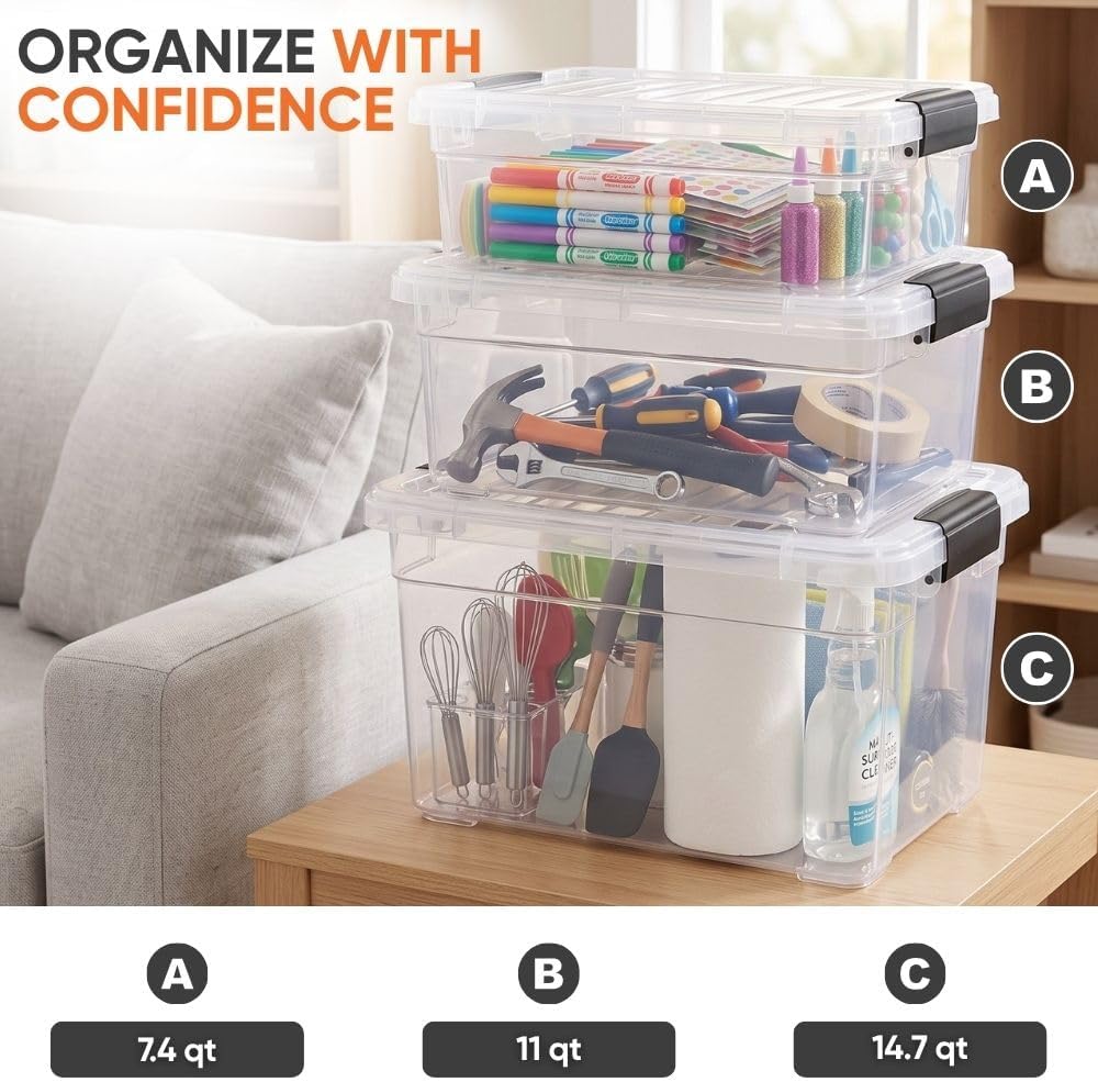 Superio 7.4 Quart Clear Plastic Storage Bin with Lid, Stackable Organizer Box, BPA-Free Storage Container for Home, Garage, School & Office, 1 Pack