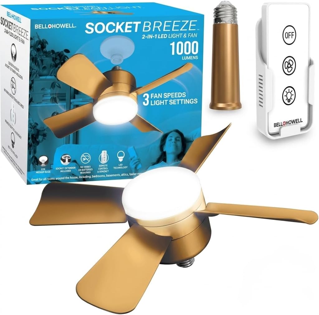 Bell+Howell Socket Breeze Light 5-Speed Deluxe LED – Ceiling Fans with Lights and Remote Control – For Bedroom, Kitchen, Living Room,1000 Lumens / 5000 Kelvins As Seen On TV