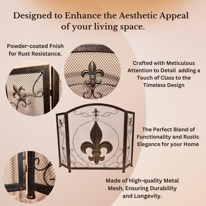 BestGiftEver 3-Panel Fireplace Screen- Fleur De Lis Design Vintage