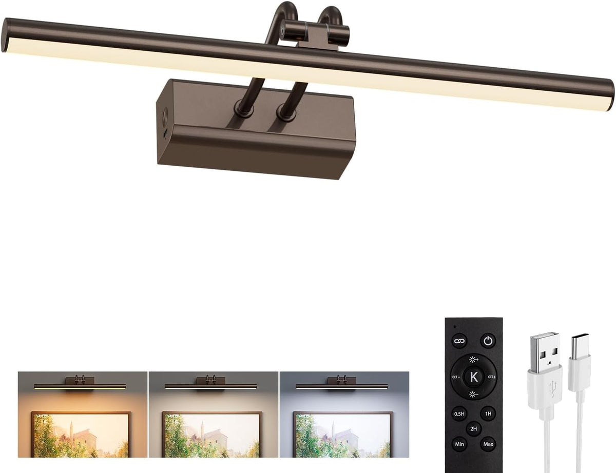 Picture Light for Wall, RF Remote, USB Charging Brown