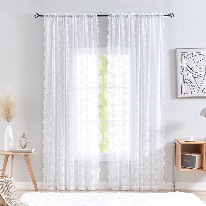 YJ YANJUN Vintage Lace Curtains 72 Inches Long- Victorian Floral Pattern White - Image 2