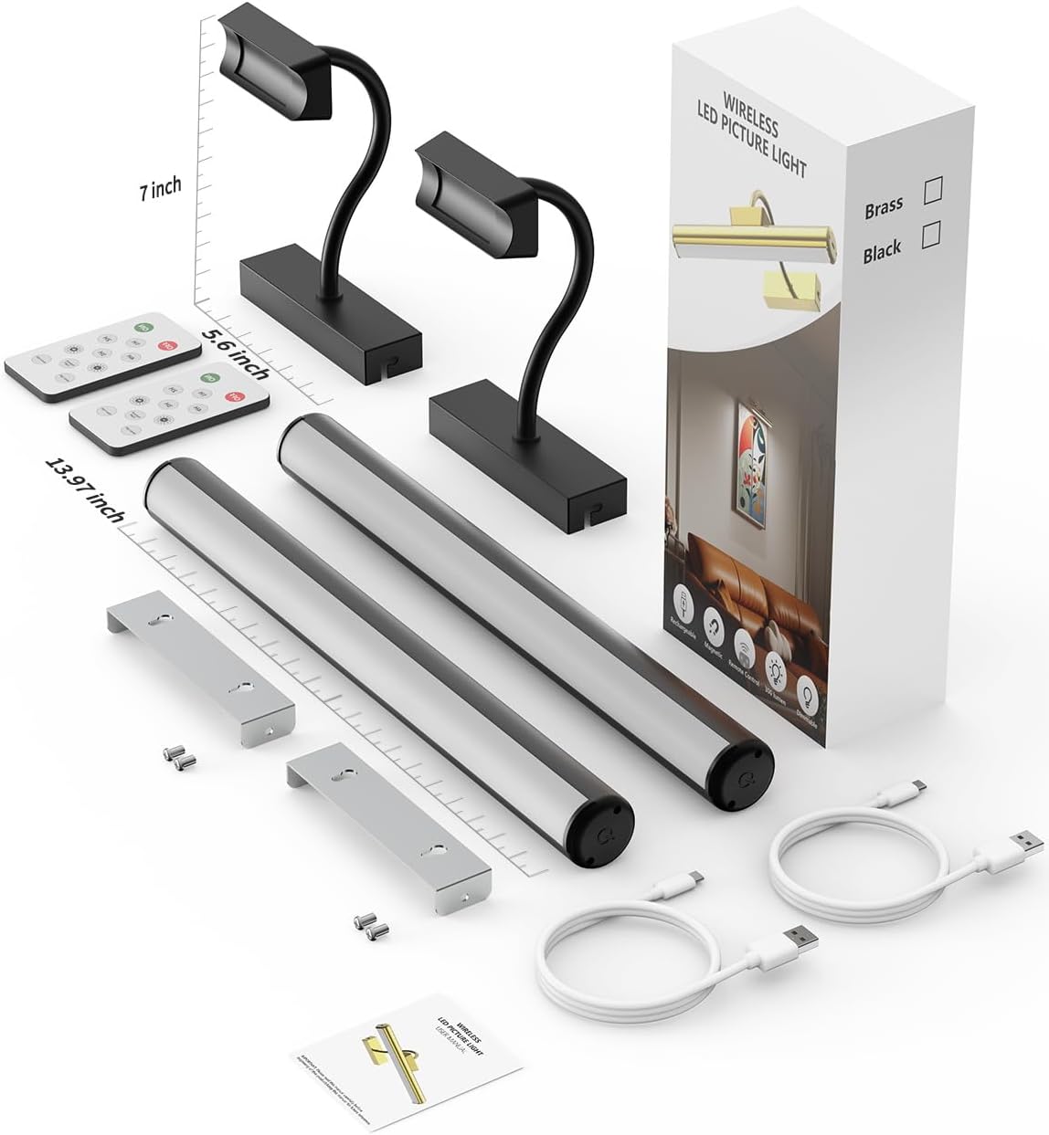 13" Wireless Picture Lights for Wall, Rechargeable Art Light, 2Pack Black