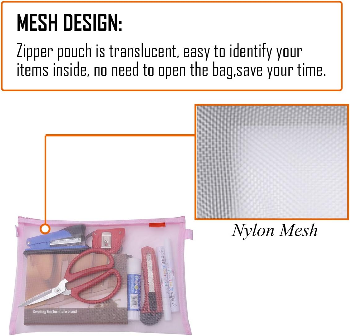 Zipper Mesh Bags, 5 Pack Pencil Pouch Set, Lightweight Nylon, Pink