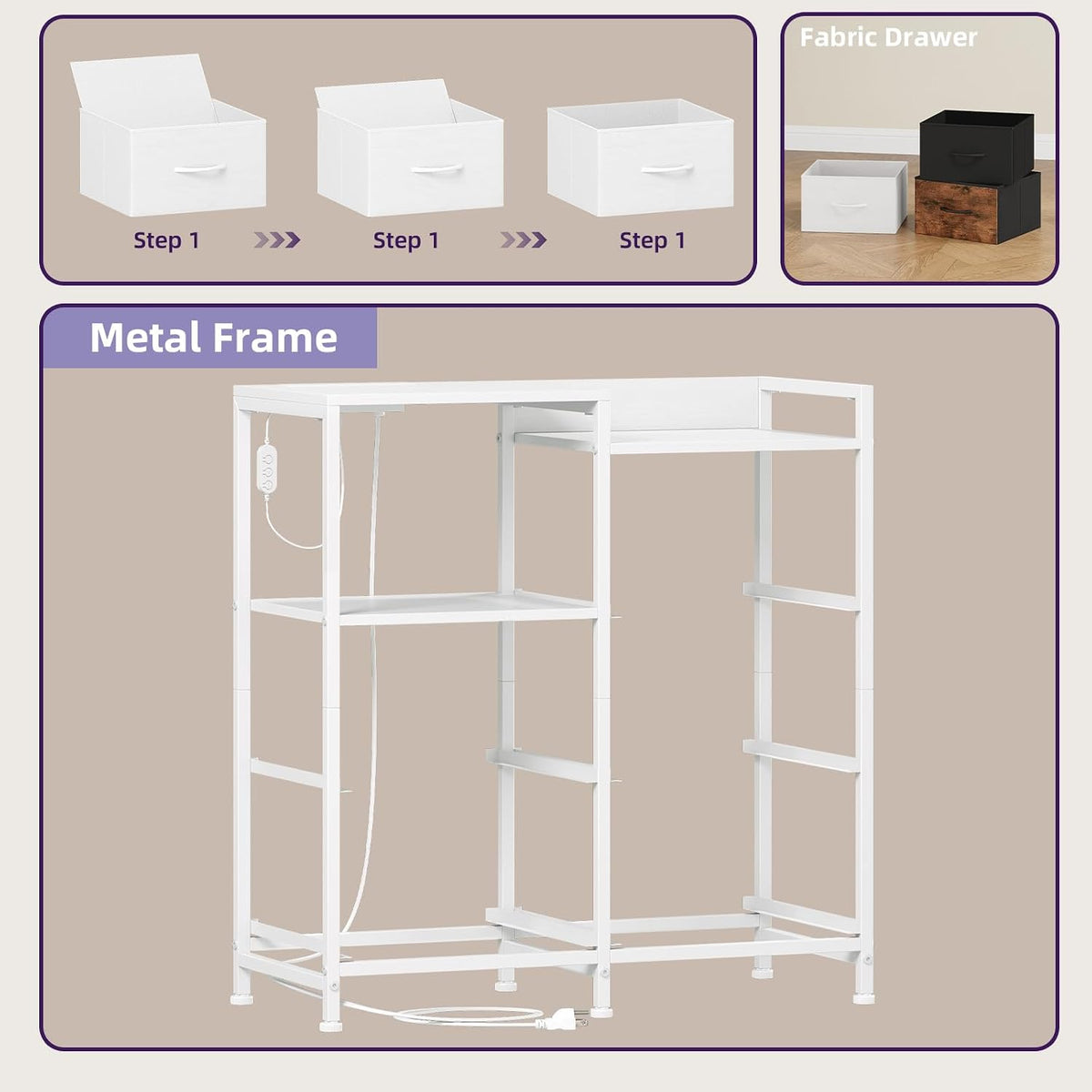 Somdot Wide Bedroom Nightstand with 5 Drawers, Charging Station & LED Light