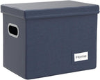 File Organizer Box - Set of 1 Collapsible Decorative Linen Filing Storage Hanging File Folders with Lids Office Cabinet Letter Size Navy Blue (14x9.3x10.8 inch)