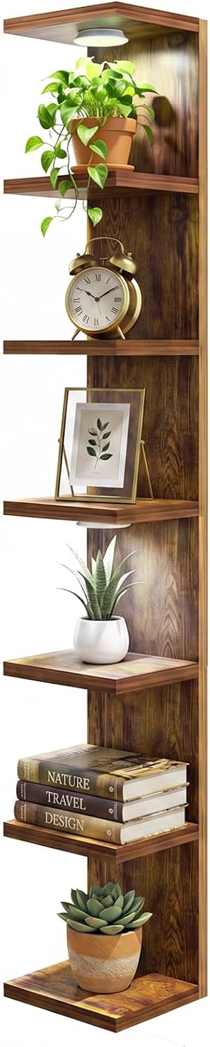 Fixwal 7 Tier Wall Shelf with LED Lights for Room Decor Rustic Brown