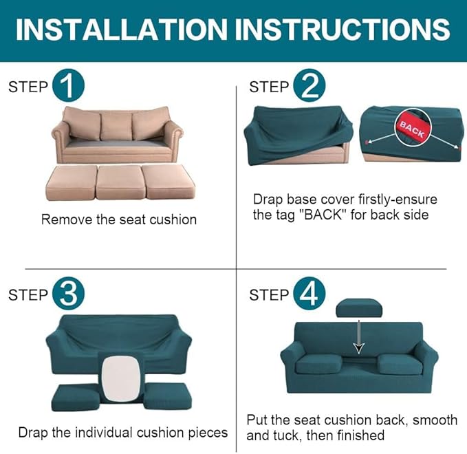 Turquoize 4 Piece Sofa Covers for 3 Cushion Couch Sofa Slipcover Soft Couch - Image 6