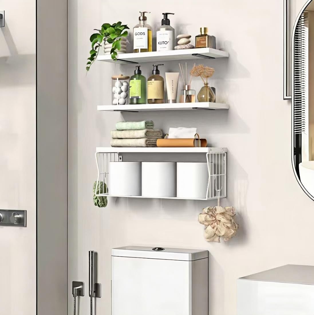 Floating Bathroom Shelves Wall Mounted - Wooden Shelf Set of 3 for Over Toilet Storage & Modern Bathroom Decor - Perfect Shelving Organizer for Apartments RVs Powder Room Restroom - White