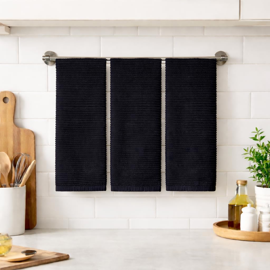 Black Kitchen Hand Dish Towels, Set of 3, 100% Cotton, 18" x 28"