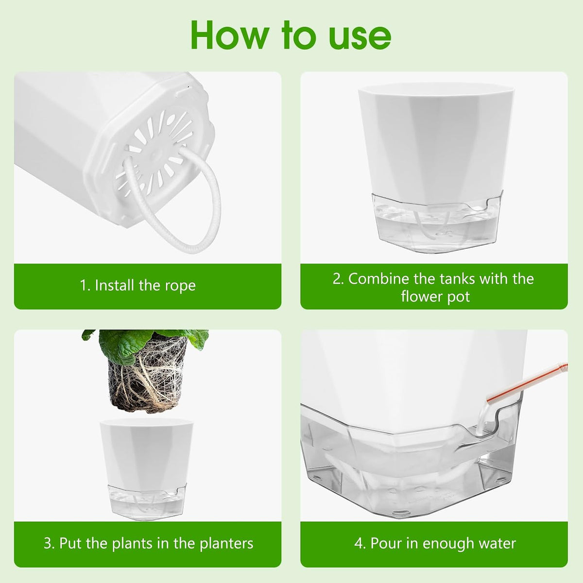 6 Pack Self Watering Plant Pot, 6.6/5 Inch Plastic Self Watering Pots for Indoor Outdoor Plants African Violet Pots Easy Plant Self Watering Pot with Wick Rope for Plants Flowers