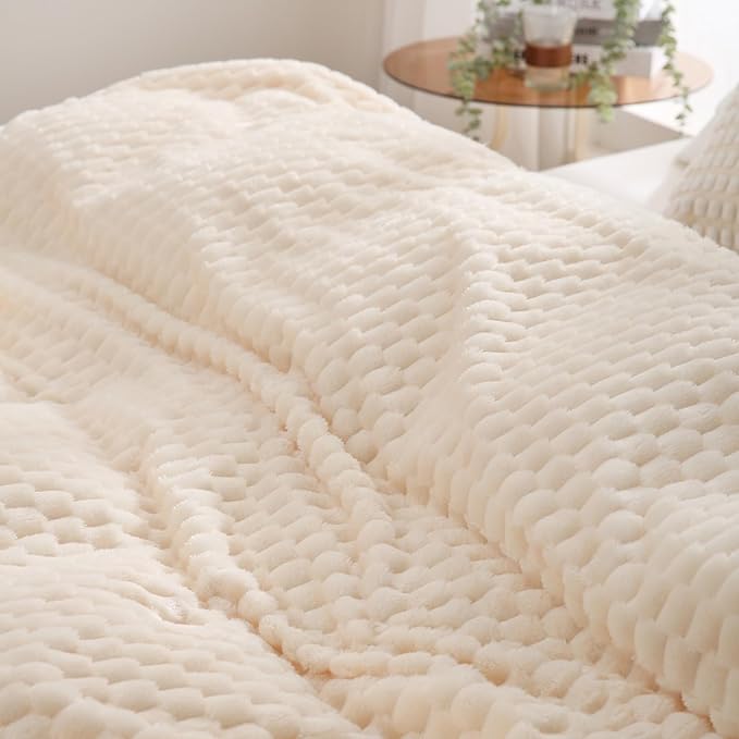 Puncuntex Cream White Throw Blanket 90"×90" inches Fuzzy 3D Jacquard Decorative - Image 3