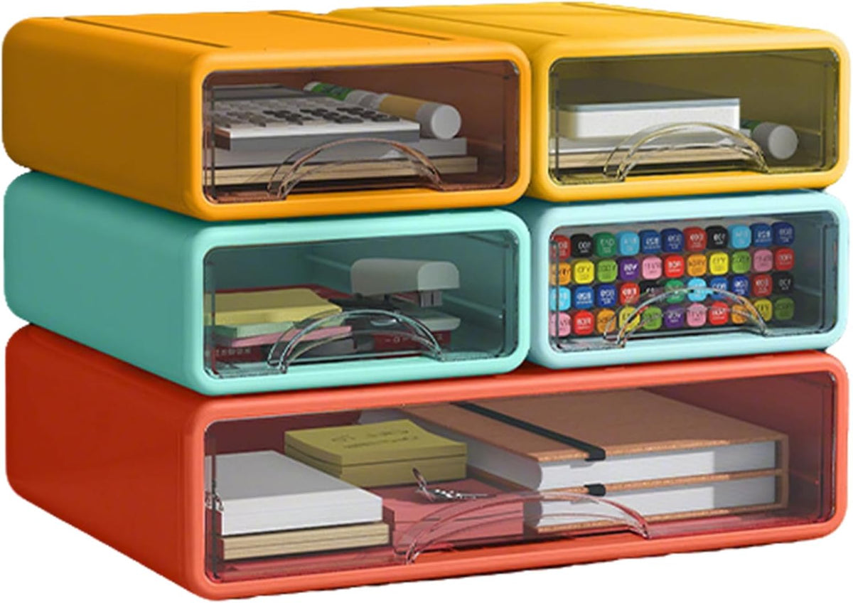 Desk Organizer with Drawers, Stackable Storage Drawers with Compartments Desktop Organization for Office Supplies, Makeup, Pencils, Tape, Erasers, Paperclips, Chargers (4 Pack)