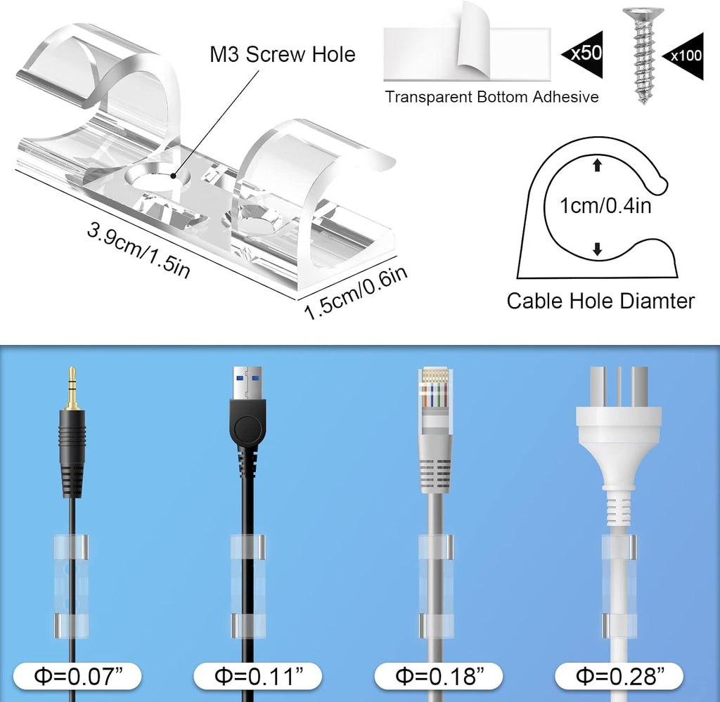 50 Cable Clips, Clear Cord Organizer, Cable Management Desk Wall