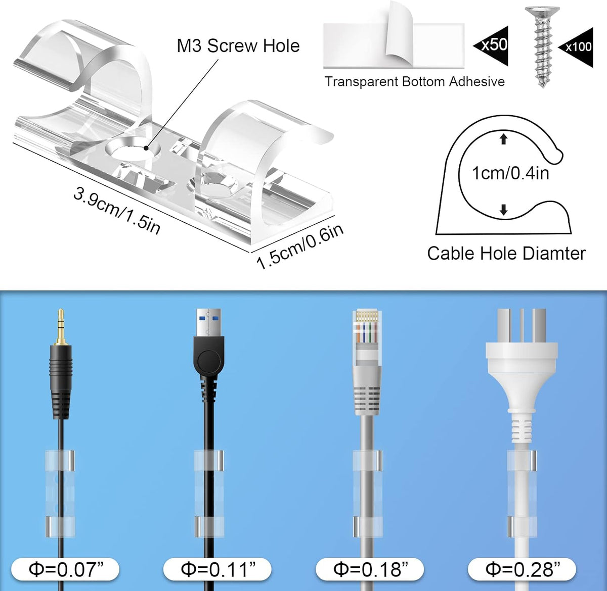 50 Cable Clips, Clear Cord Organizer, Cable Management Desk Wall