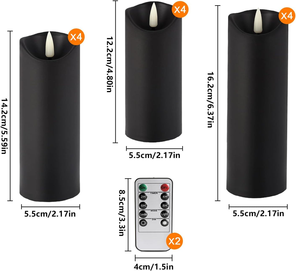 YOROXRG 12 Pack Halloween Decoration Flickering Flameless Candles, Battery Operated LED Pillar Candles with Remote Control and Timer.for Home Decor (D2.2 xH 5" 6" 7" Black)