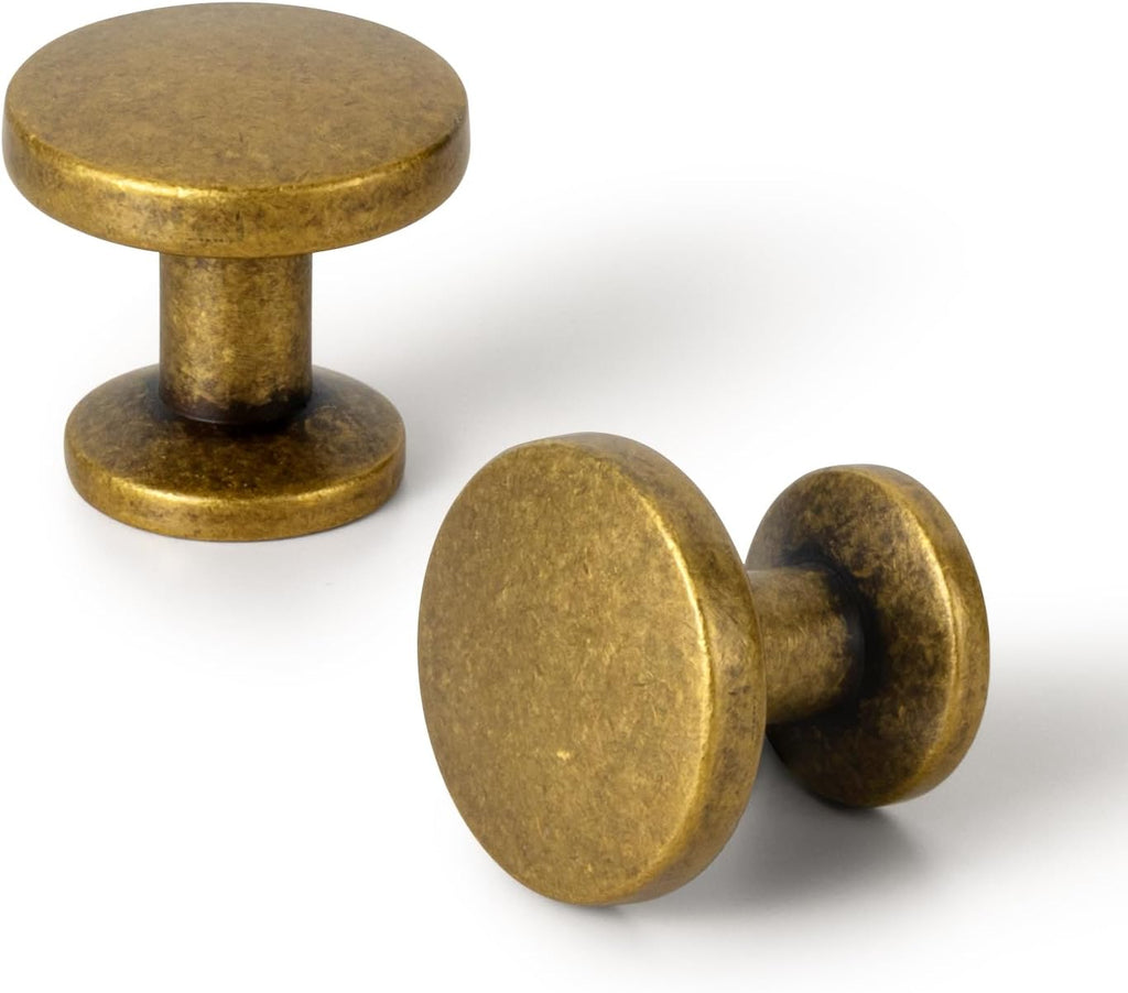 Antique Brass Cabinet Knobs, 1-3/16 Inch Round, Set of 12, Single Hole