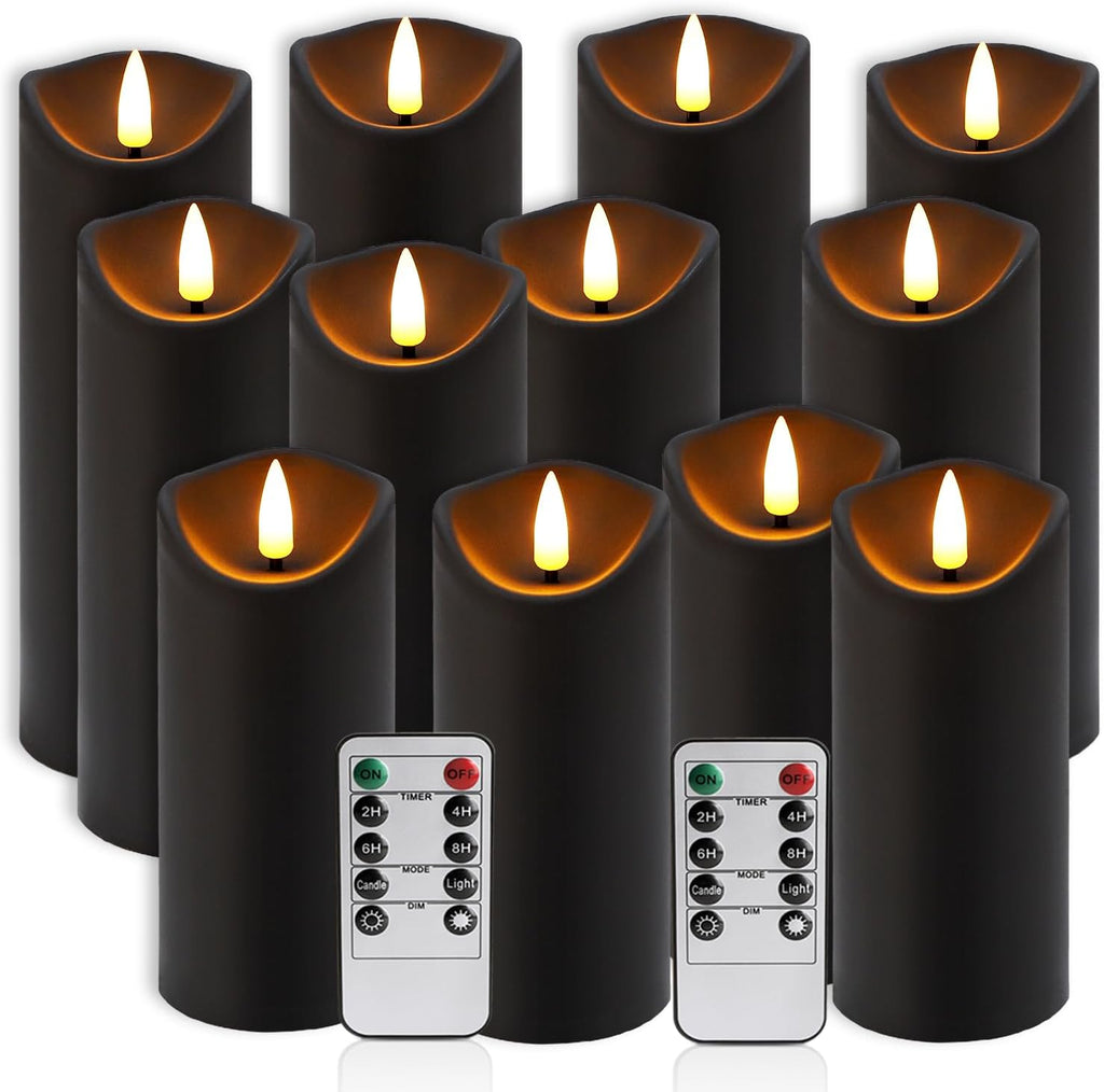 YOROXRG 12 Pack Halloween Decoration Flickering Flameless Candles, Battery Operated LED Pillar Candles with Remote Control and Timer.for Home Decor (D2.2 xH 5" 6" 7" Black)