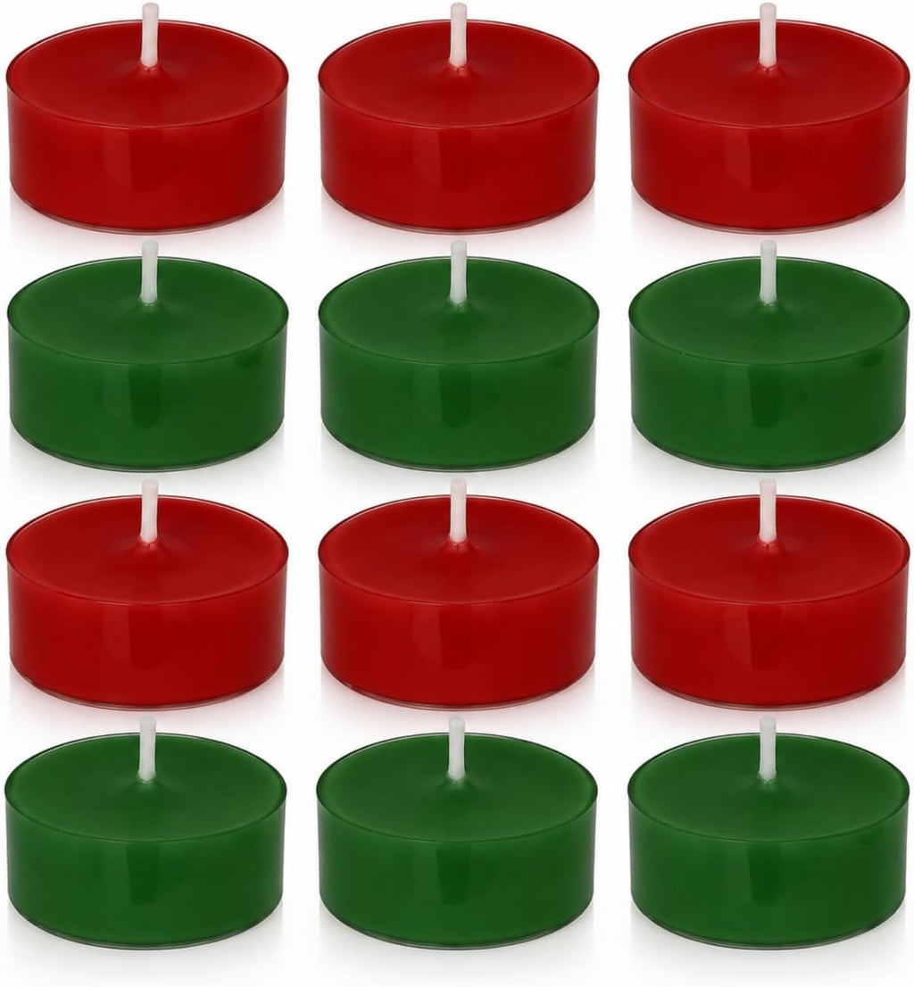 Festive Cedar & Apple Scented Tealight Candles, 12 Pack Red Green Colored Holiday Tea Lights with Clear Cups | Long-Lasting for Seasonal Home Decor,T01-12S-RDCDAL