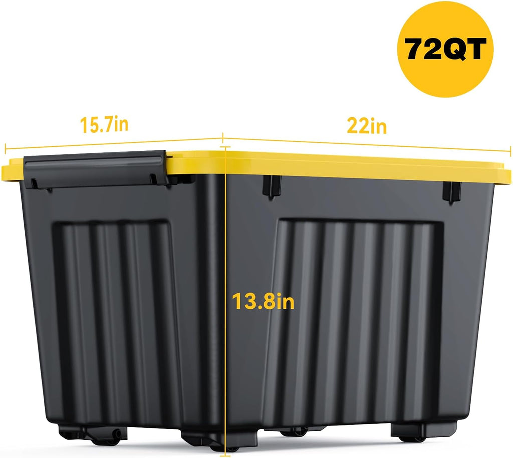72 Quart Plastic Storage Bin On The Wheels, Stackable and Nestable Storage Boxes with Lids and Secure Latching Buckles, Large Storage Container (Black/Yellow, 72Quart-4Pack)