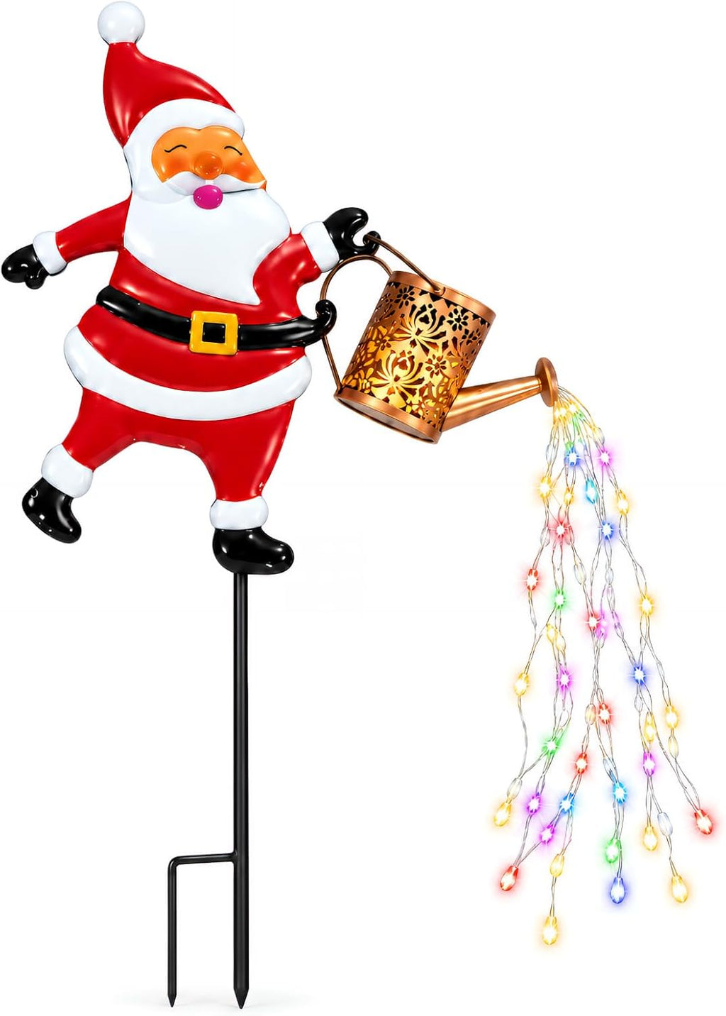Christmas Solar Watering Can Lights Outdoor - Lighted Santa Claus Kettle Garden Stake Hanging Lantern, Waterproof Xmas LED Landscape Pathway Lights for Yard Lawn Patio Holiday Decor, Christmas Gifts