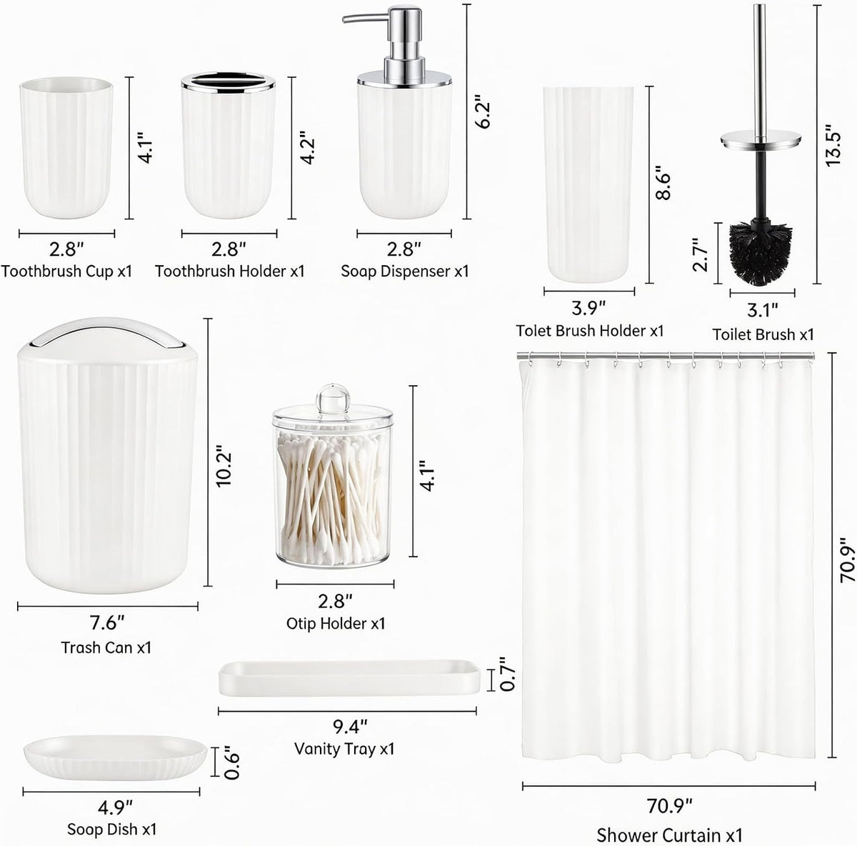 White Bathroom Accessories Set, 10Pcs Bathroom Accessory Sets Complete with Trash Can, Shower Curtain, Vanity Tray, Soap Dispenser, Soap Dish, Toothbrush Holder&Cup, Toilet Brush&Holder, Qtip Holder