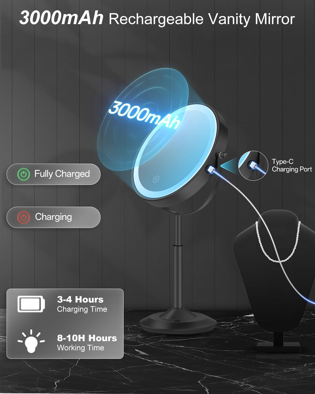 8" Lighted Makeup Mirror with Light,30X Magnifying Height Adjustable Mirror