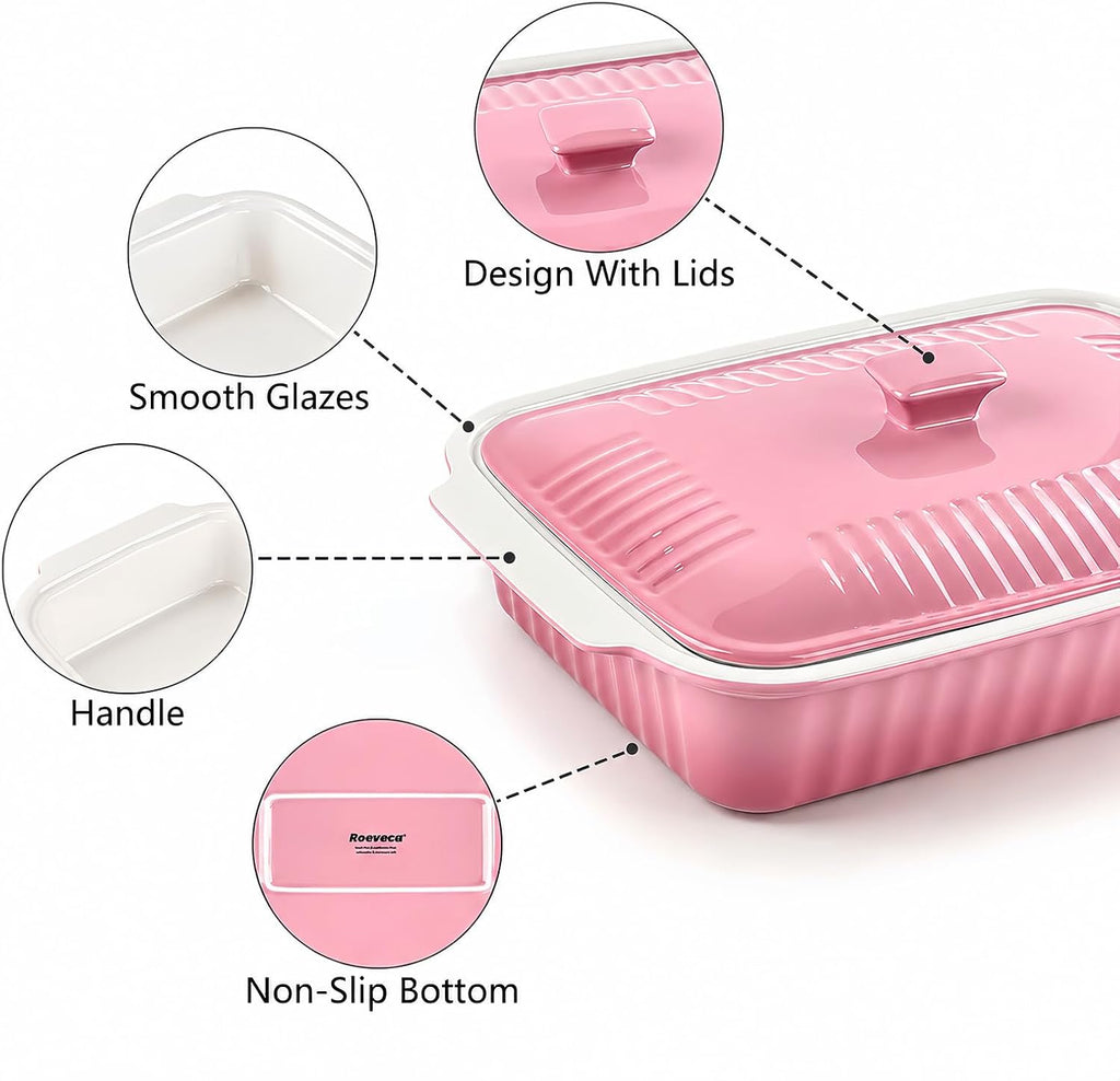 Large Baking Dish with Lid,5.5 Quart Lasagna Pan with Lid, 13.5x9 inch Ceramic Casserole Dish with Lid, Microwave, Dishwasher Safe