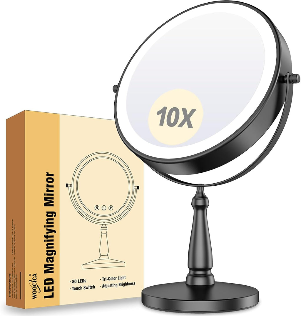 Vanity Mirror with Lights, 9'' Lighted Makeup Mirror, 1X/20X Double Sided Magnifying Mirror, 5000mAh Rechargeable, 3 Color Dimmable LED, 360° Rotation Desk Mirror for Makeup & Skincare, Gold