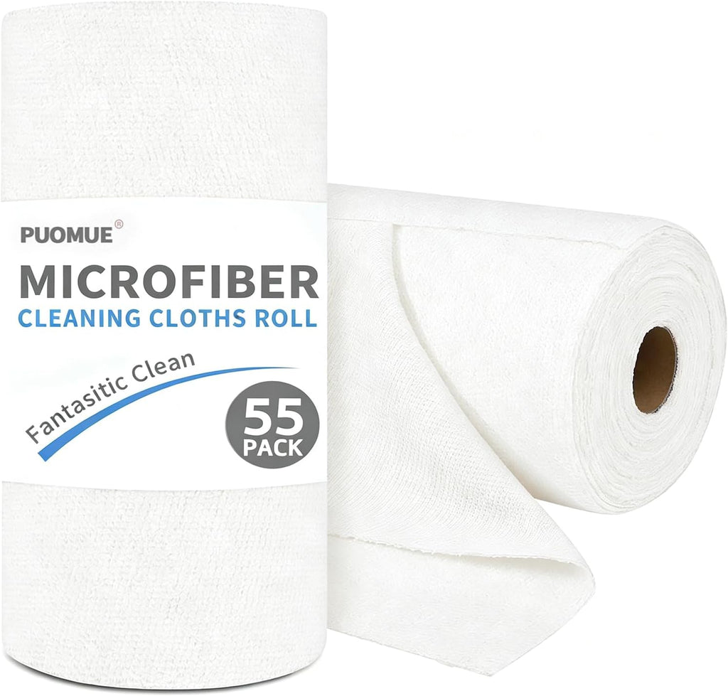 Puomue 55 Pack Microfiber Cleaning Cloth Roll, Tear Away Reusable Paper Towels, 11" x 9", Ultra Absorbent & Lint Free Microfiber Cloth for Cleaning Cars, Kitchen, Window, Home and Shop, Pink