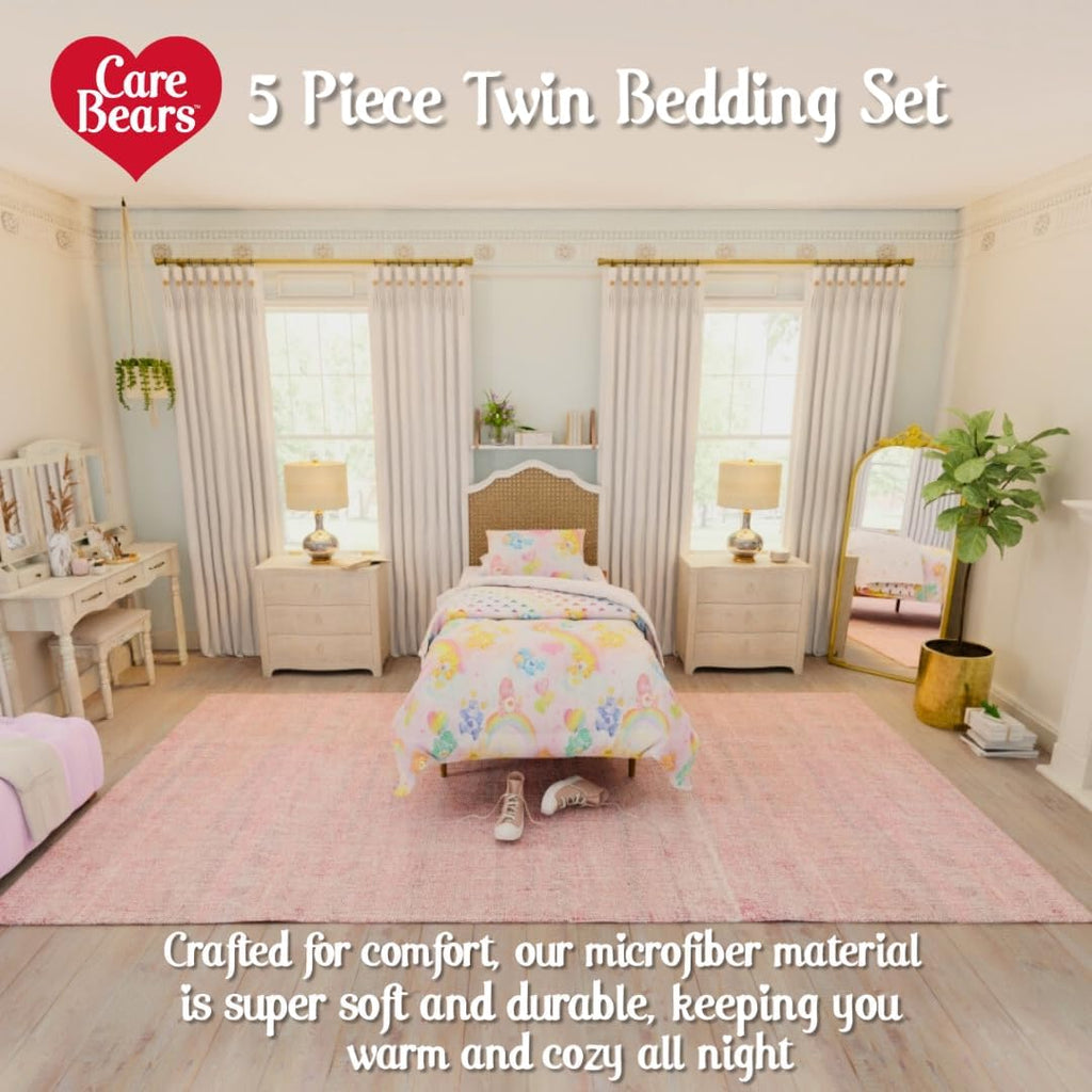 Care Bears Classic Retro Rainbow Bedding 5 Piece Super Soft Comforter and Sheet Set with Sham, Twin, (100% Official Licensed Product) By Franco Collectibles
