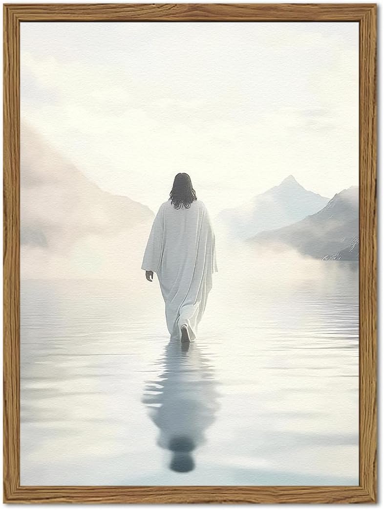 Pink Jesus Walking On Water Wall Art, Frame 3D Textured Hand Drawn Sandstone Christian Wall Decor Paintings Religious Savior Pictures for Living Prayer Room Bedroom, 12x16 in Wood Framed