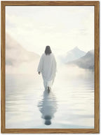 Pink Jesus Walking On Water Wall Art, Frame 3D Textured Hand Drawn Sandstone Christian Wall Decor Paintings Religious Savior Pictures for Living Prayer Room Bedroom, 12x16 in Wood Framed