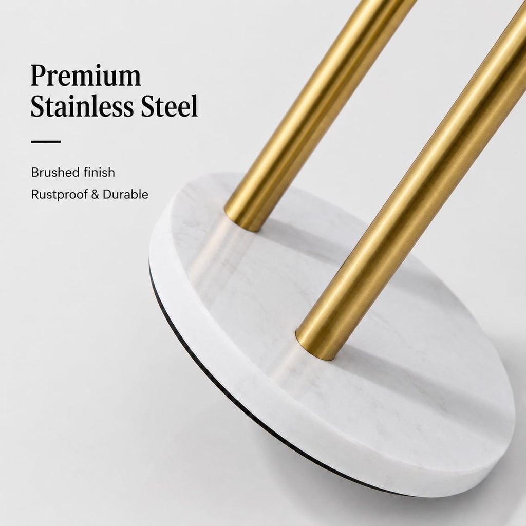 Brushed Gold Paper Towel Holder for Kitchen Countertop, 304 Stainless Steel Roll Dispenser with White Engineered Marble Weighted Base, Freestanding Paper Towel Stand for Standard Rolls