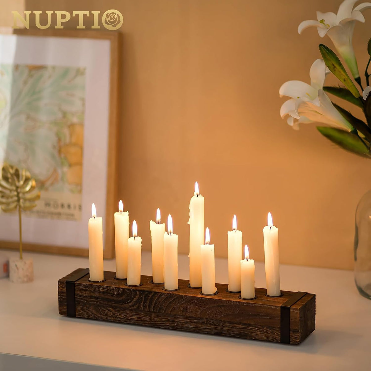 NUPTIO Wood Candelabra for Table Centerpiece: Long Taper Candle Holder